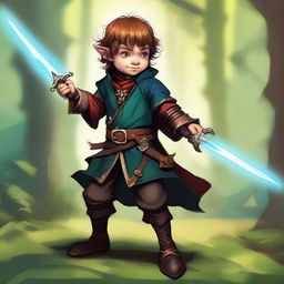 A vibrant digital art image portrays a slim male Halfling, both an Arcane Trickster and Bladesinger, gripping a rapier