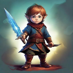 A vibrant digital art image portrays a slim male Halfling, both an Arcane Trickster and Bladesinger, gripping a rapier