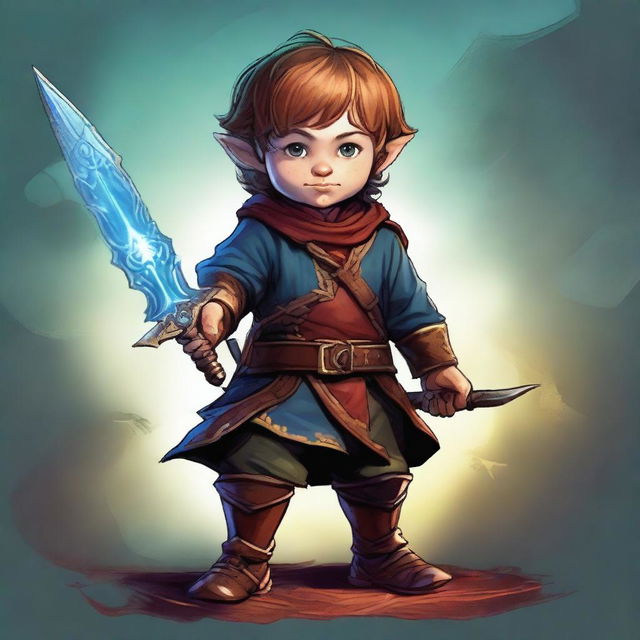 A vibrant digital art image portrays a slim male Halfling, both an Arcane Trickster and Bladesinger, gripping a rapier