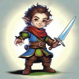 A vibrant digital art image portrays a slim male Halfling, both an Arcane Trickster and Bladesinger, gripping a rapier