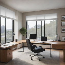 An impeccably organized, modern office with large windows and a detailed desk setup