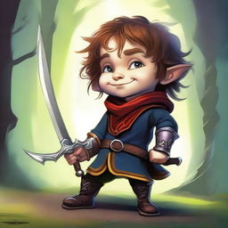 A vibrant digital art image portrays a slim male Halfling, both an Arcane Trickster and Bladesinger, gripping a rapier