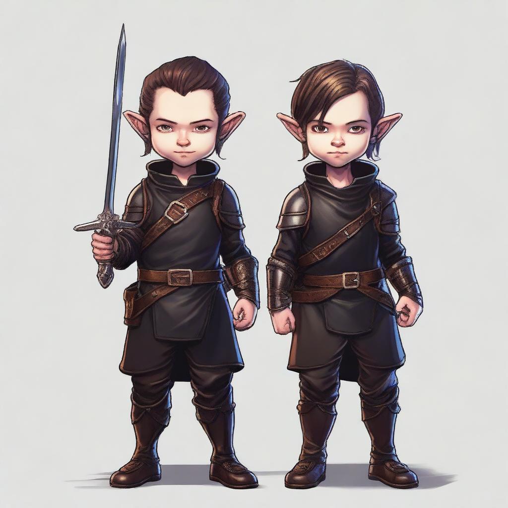 This is a high-quality digital art image of a skinny male Halfling, an Arcane Trickster, and Bladesinger