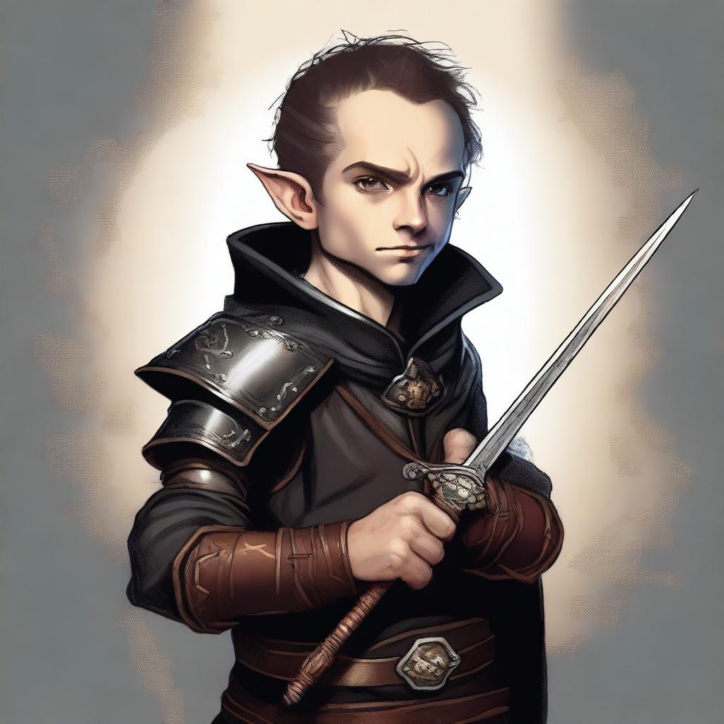 This is a high-quality digital art image of a skinny male Halfling, an Arcane Trickster, and Bladesinger