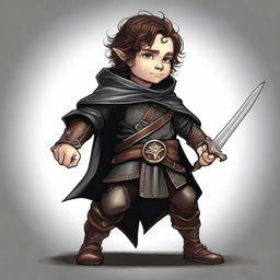 This is a high-quality digital art image of a skinny male Halfling, an Arcane Trickster, and Bladesinger