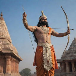 Shree Ram, adorned in royal attire, holding a bow and arrow, standing triumphantly in the ancient city of Ayodhya under a serene sky.