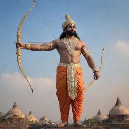 Shree Ram, adorned in royal attire, holding a bow and arrow, standing triumphantly in the ancient city of Ayodhya under a serene sky.