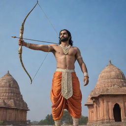 Shree Ram, adorned in royal attire, holding a bow and arrow, standing triumphantly in the ancient city of Ayodhya under a serene sky.