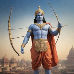 Shree Ram, adorned in royal attire, holding a bow and arrow, standing triumphantly in the ancient city of Ayodhya under a serene sky.