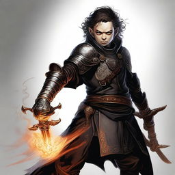 This high-resolution digital art image depicts a skinny male Halfling, an Arcane Trickster and Bladesinger, wielding a flaming rapier