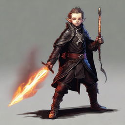 This high-resolution digital art image depicts a skinny male Halfling, an Arcane Trickster and Bladesinger, wielding a flaming rapier