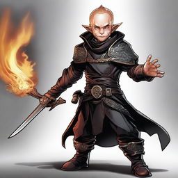 This high-resolution digital art image depicts a skinny male Halfling, an Arcane Trickster and Bladesinger, wielding a flaming rapier