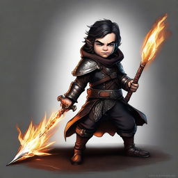 This high-resolution digital art image depicts a skinny male Halfling, an Arcane Trickster and Bladesinger, wielding a flaming rapier