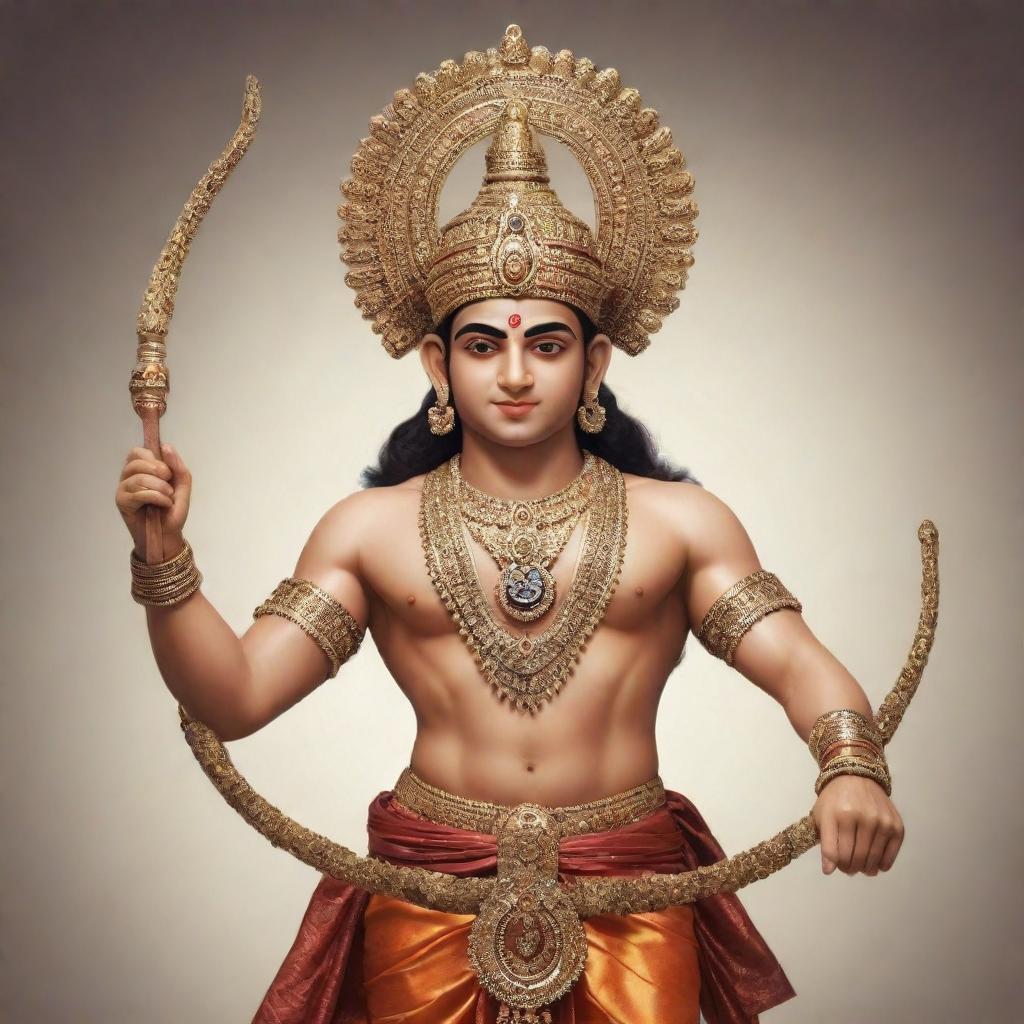 An artificial intelligence generated image of the Hindu deity Ram, majestically adorned with traditional attire, holding his bow and arrow, with the words 'Jay Shree Ram' stylishly incorporated in the background.