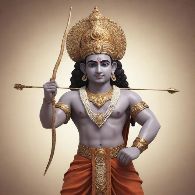 An artificial intelligence generated image of the Hindu deity Ram, majestically adorned with traditional attire, holding his bow and arrow, with the words 'Jay Shree Ram' stylishly incorporated in the background.