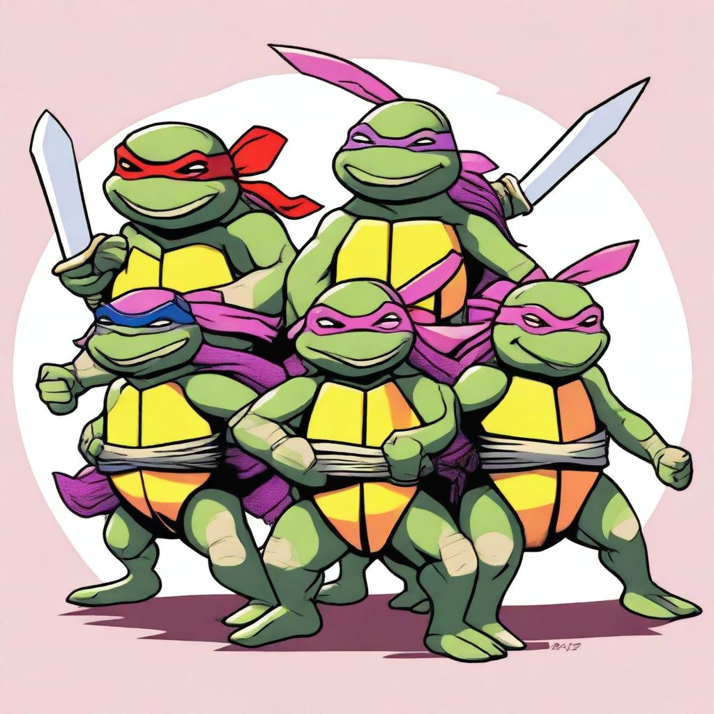 A high-quality digital art image depicts the Teenage Mutant Ninja Turtles as axolotls