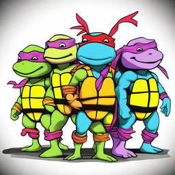 A high-quality digital art image depicts the Teenage Mutant Ninja Turtles as axolotls