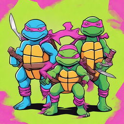 A high-quality digital art image depicts the Teenage Mutant Ninja Turtles as axolotls