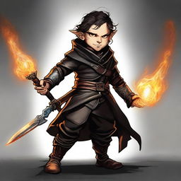 The high-resolution digital art image vividly portrays a skinny male Halfling, an Arcane Trickster and Wizard, brandishing a flaming rapier