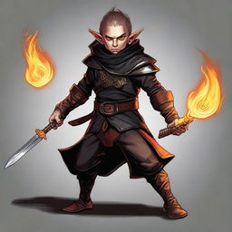 The high-resolution digital art image vividly portrays a skinny male Halfling, an Arcane Trickster and Wizard, brandishing a flaming rapier