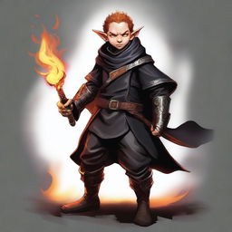 The high-resolution digital art image vividly portrays a skinny male Halfling, an Arcane Trickster and Wizard, brandishing a flaming rapier