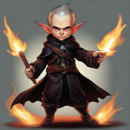 The high-resolution digital art image vividly portrays a skinny male Halfling, an Arcane Trickster and Wizard, brandishing a flaming rapier