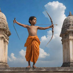 Child Sri Ram, curiously holding a bow and arrow, surrounded by the timeless architectural beauty of Ayodhya, under a bright, cloud-speckled sky.