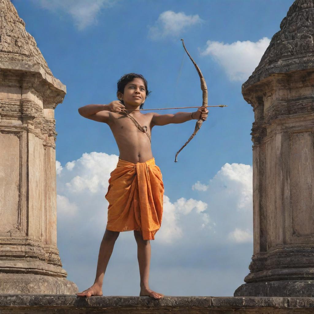 Child Sri Ram, curiously holding a bow and arrow, surrounded by the timeless architectural beauty of Ayodhya, under a bright, cloud-speckled sky.