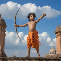 Child Sri Ram, curiously holding a bow and arrow, surrounded by the timeless architectural beauty of Ayodhya, under a bright, cloud-speckled sky.