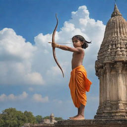 Child Sri Ram, curiously holding a bow and arrow, surrounded by the timeless architectural beauty of Ayodhya, under a bright, cloud-speckled sky.