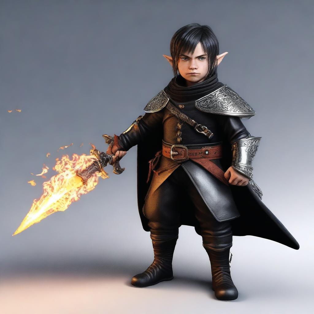 This is a high-quality 3D render of a skinny male Halfling, who is both a rogue and a wizard, holding a flaming rapier