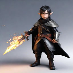 This is a high-quality 3D render of a skinny male Halfling, who is both a rogue and a wizard, holding a flaming rapier