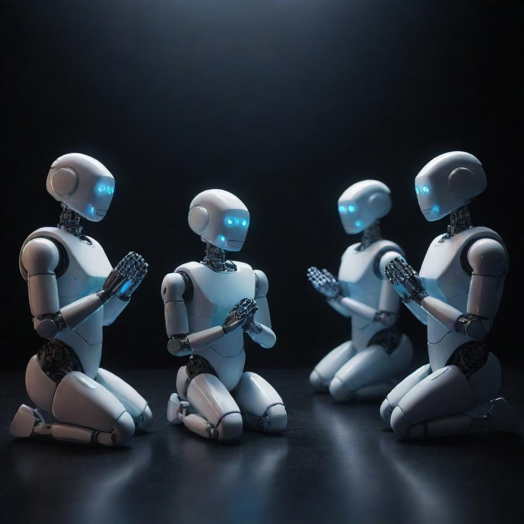 A group of stylized robots engaged in a prayer position, reverently facing a glowing RAM chip as their sacred object, under dim yet dramatic lighting.