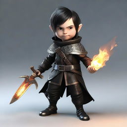 This is a high-quality 3D render of a skinny male Halfling, who is both a rogue and a wizard, holding a flaming rapier