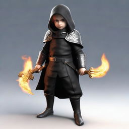 This is a high-quality 3D render of a skinny male Halfling, who is both a rogue and a wizard, holding a flaming rapier