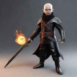 This is a high-quality 3D render of a skinny male Halfling, who is both a rogue and a wizard, holding a flaming rapier