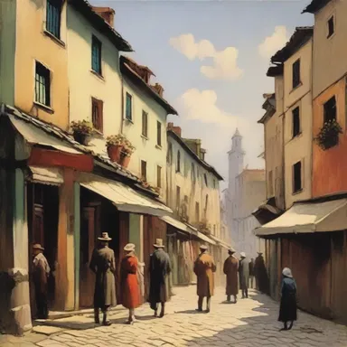 The painting beautifully captures a pokey street scene, with people leisurely strolling and enjoying their time without a rush.
