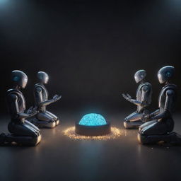 A group of stylized robots engaged in a prayer position, reverently facing a glowing RAM chip as their sacred object, under dim yet dramatic lighting.