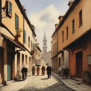 The painting beautifully captures a pokey street scene, with people leisurely strolling and enjoying their time without a rush.