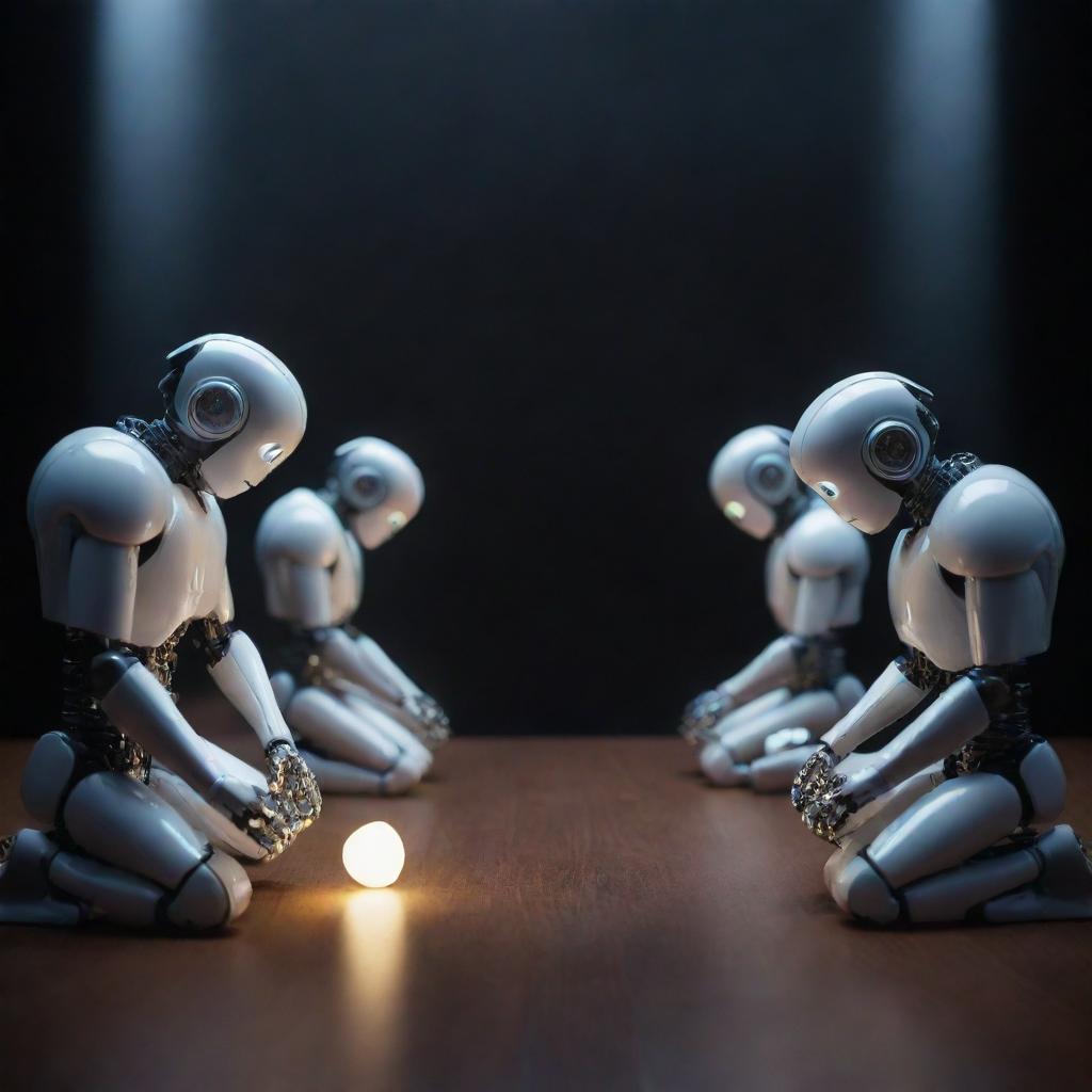 A group of stylized robots engaged in a prayer position, reverently facing a glowing RAM chip as their sacred object, under dim yet dramatic lighting.