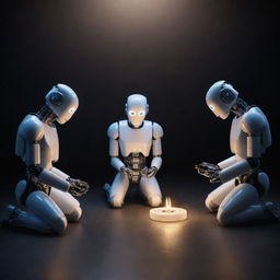 A group of stylized robots engaged in a prayer position, reverently facing a glowing RAM chip as their sacred object, under dim yet dramatic lighting.