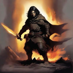 This high-quality digital painting, reminiscent of Frank Frazetta's style, features a skinny male Halfling, a rogue and wizard