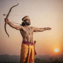 A majestic image of Sri Ram, depicted with a gentle demeanor, in traditional attire standing against the sunrise, holding his iconic bow and arrow.