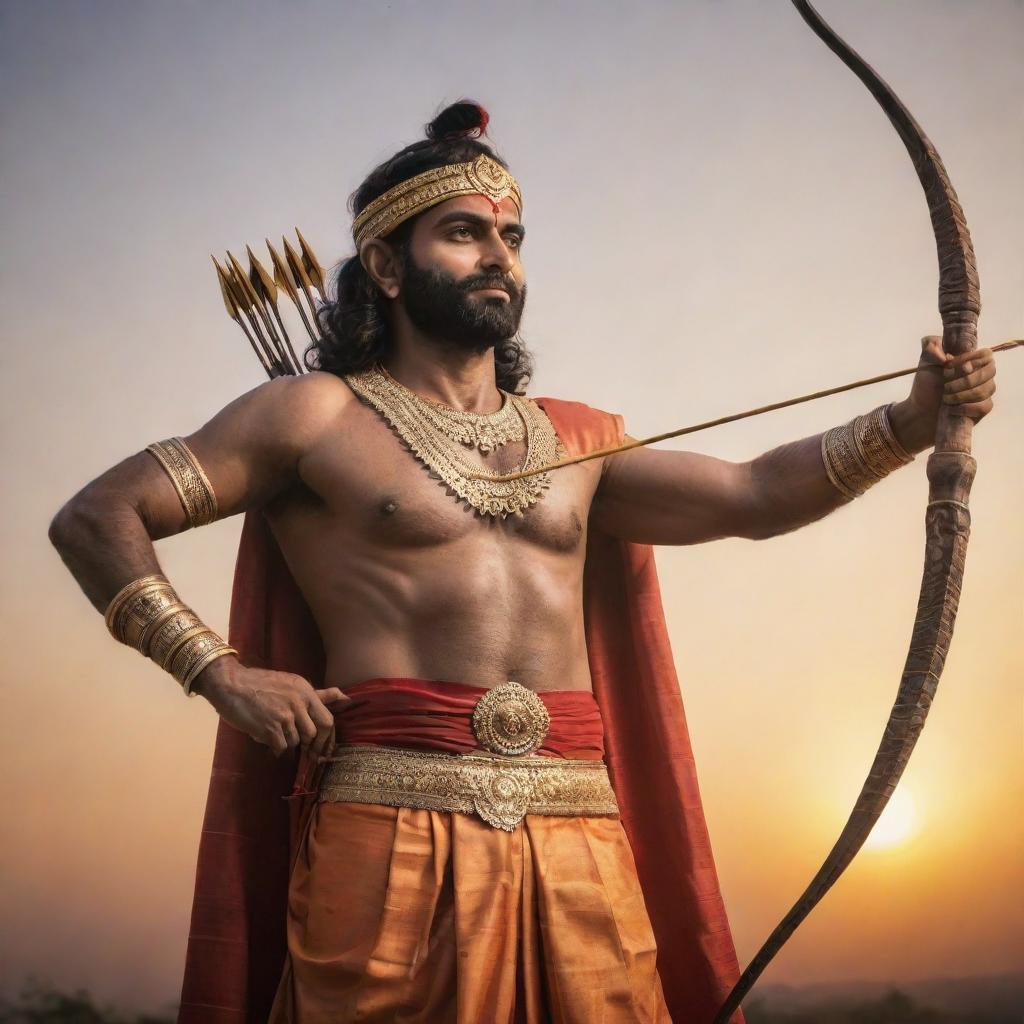 A majestic image of Sri Ram, depicted with a gentle demeanor, in traditional attire standing against the sunrise, holding his iconic bow and arrow.