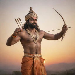 A majestic image of Sri Ram, depicted with a gentle demeanor, in traditional attire standing against the sunrise, holding his iconic bow and arrow.