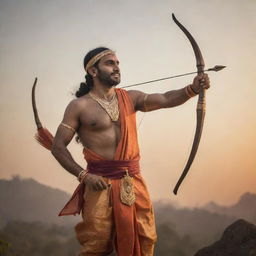 A majestic image of Sri Ram, depicted with a gentle demeanor, in traditional attire standing against the sunrise, holding his iconic bow and arrow.