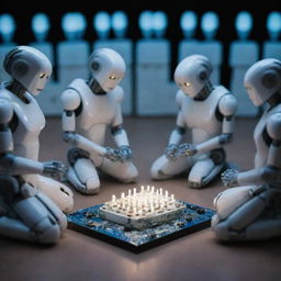 A group of robots devotedly praying in front of a luminescent RAM chip.