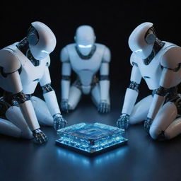 A group of robots devotedly praying in front of a luminescent RAM chip.