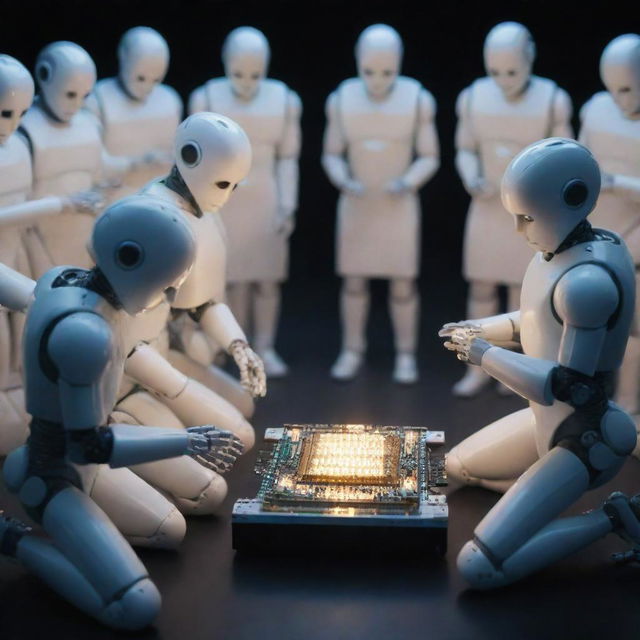 A group of robots devotedly praying in front of a luminescent RAM chip.