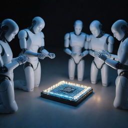 A group of robots devotedly praying in front of a luminescent RAM chip.